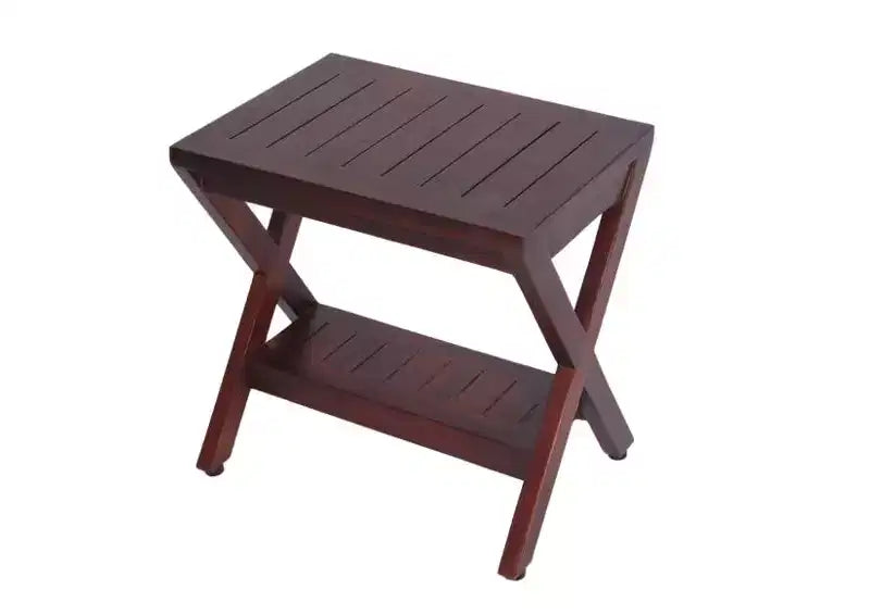 Banc de douche d'extérieur compact en teck en forme de X avec étagère en finition marron