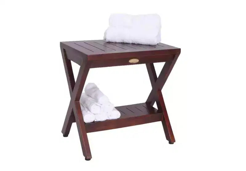 Banc de douche d'extérieur compact en teck en forme de X avec étagère en finition marron