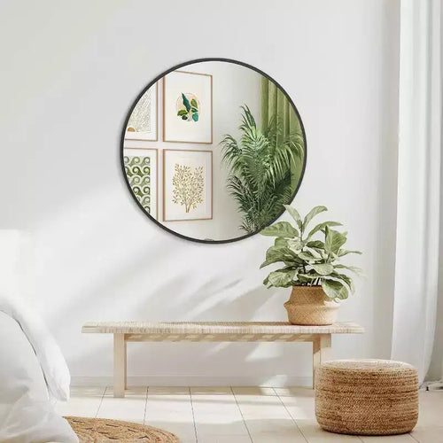 Miroir de salle de bain rond de 81 cm avec cadre en métal noir pour fixation murale.