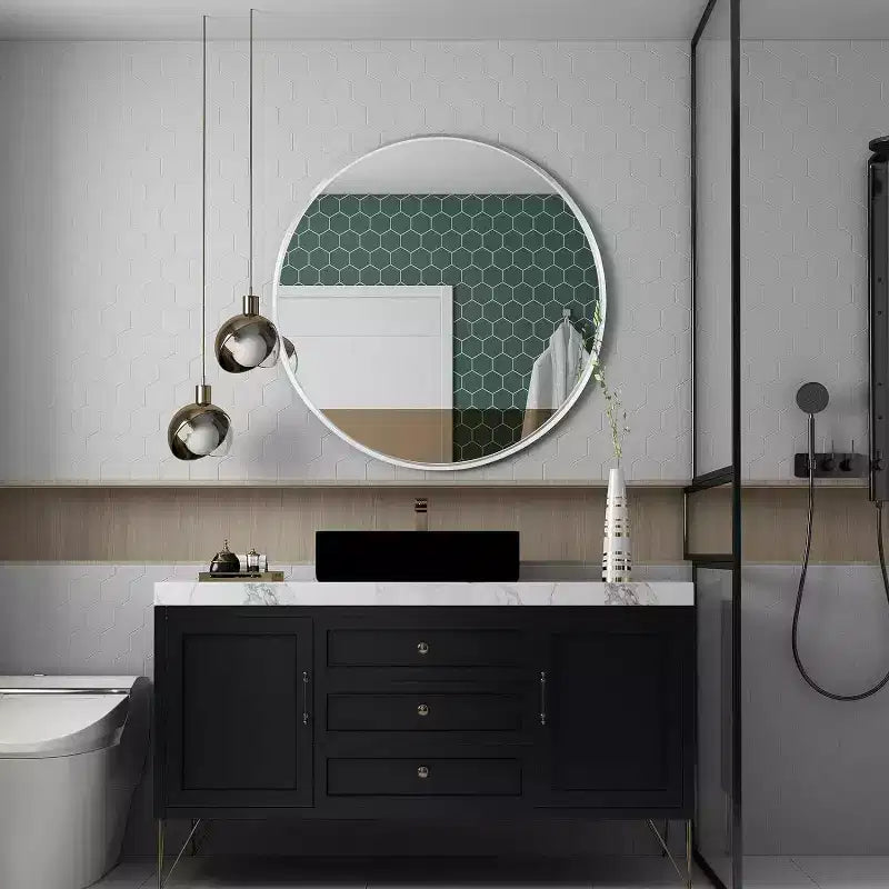 Miroir de salle de bain rond de 81 cm avec cadre en métal noir pour fixation murale.