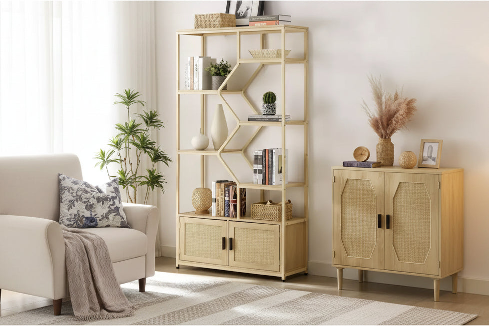 GDFStudio Yedda Modern 75.6 Wood Bookcase with Cabinet and 7 Shelves