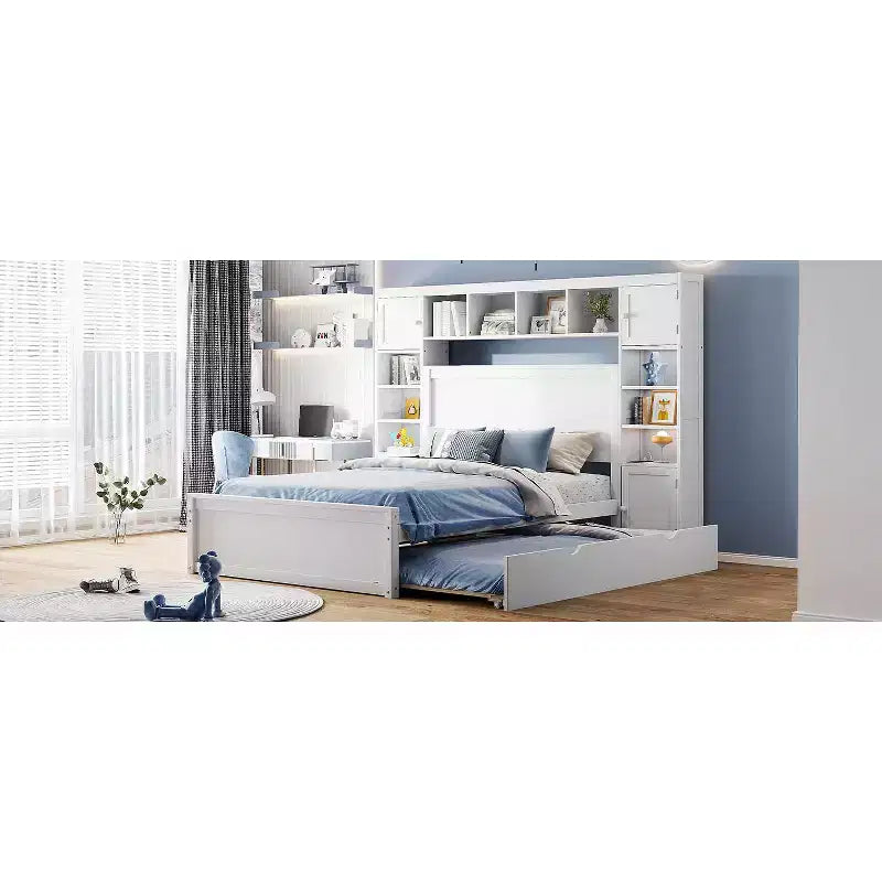 Lit en bois grand format avec armoire, étagère et prises tout-en-un, lit gigogne simple, blanc