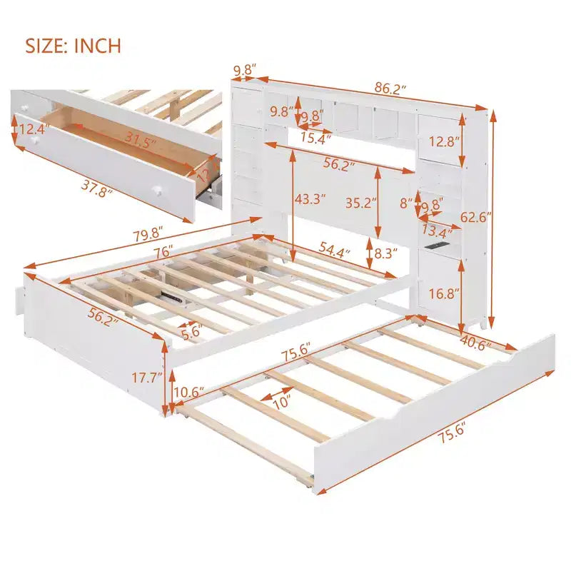 Lit en bois grand format avec armoire, étagère et prises tout-en-un, lit gigogne simple, blanc