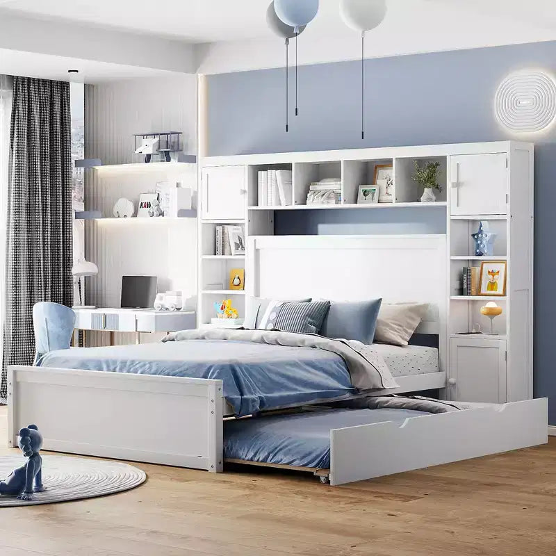 Lit en bois grand format avec armoire, étagère et prises tout-en-un, lit gigogne simple, blanc