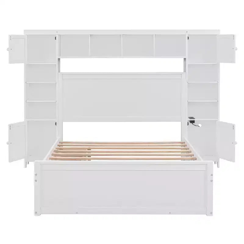 Lit en bois grand format avec armoire, étagère et prises tout-en-un, lit gigogne simple, blanc