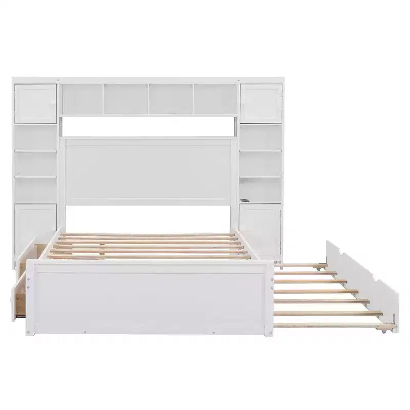 Lit en bois grand format avec armoire, étagère et prises tout-en-un, lit gigogne simple, blanc