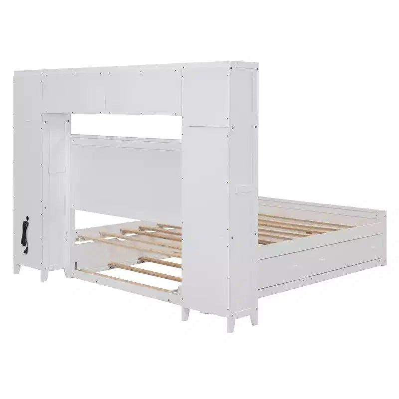 Lit en bois grand format avec armoire, étagère et prises tout-en-un, lit gigogne simple, blanc