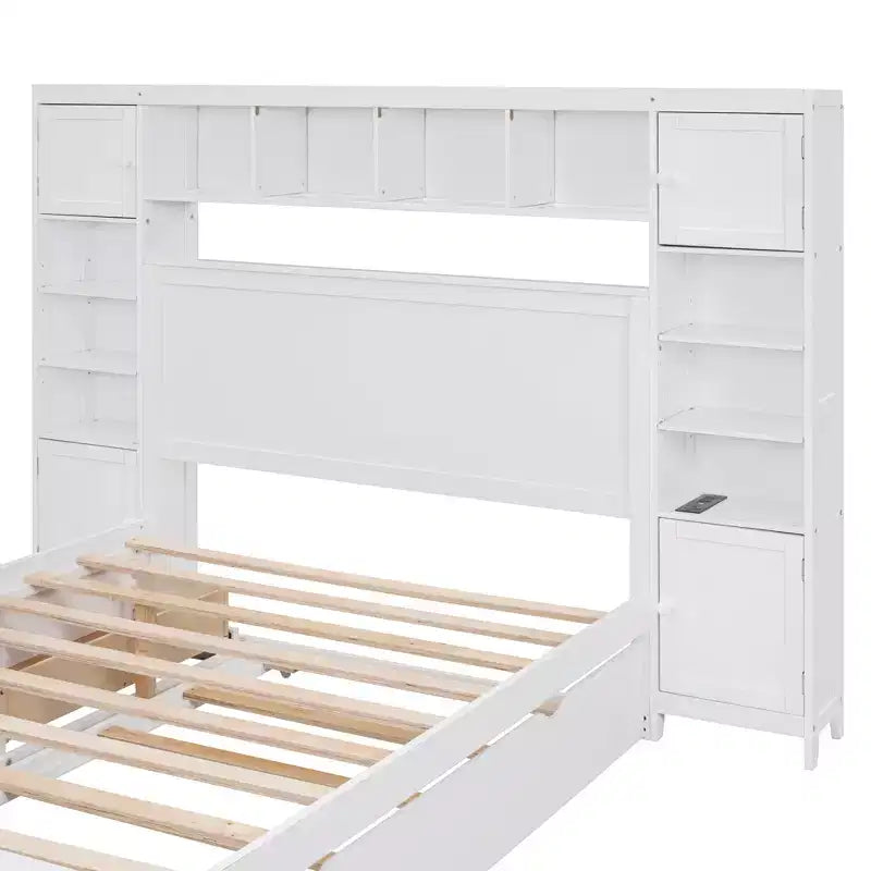 Lit en bois grand format avec armoire, étagère et prises tout-en-un, lit gigogne simple, blanc
