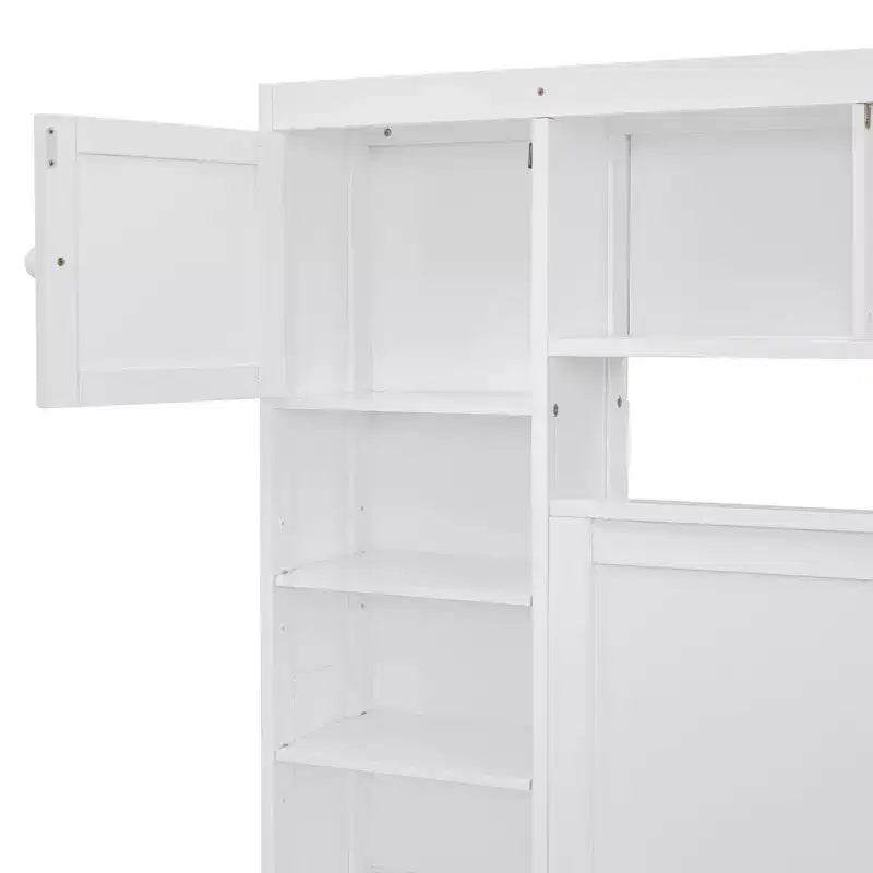 Lit en bois grand format avec armoire, étagère et prises tout-en-un, lit gigogne simple, blanc