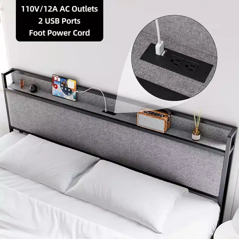 Cadre de lit King avec tiroirs de rangement et station de recharge USB, Lit plateforme capitonné