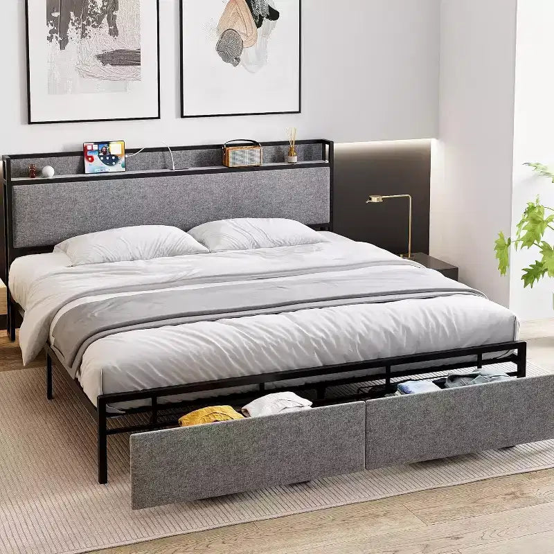 Cadre de lit King avec tiroirs de rangement et station de recharge USB, Lit plateforme capitonné
