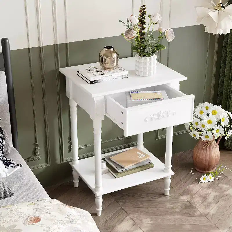 Table de chevet chic blanche/noire avec tiroir et étagère inférieure, table d'appoint : Rangement élégant pour chambre à coucher, table de chevet avec tiroir
