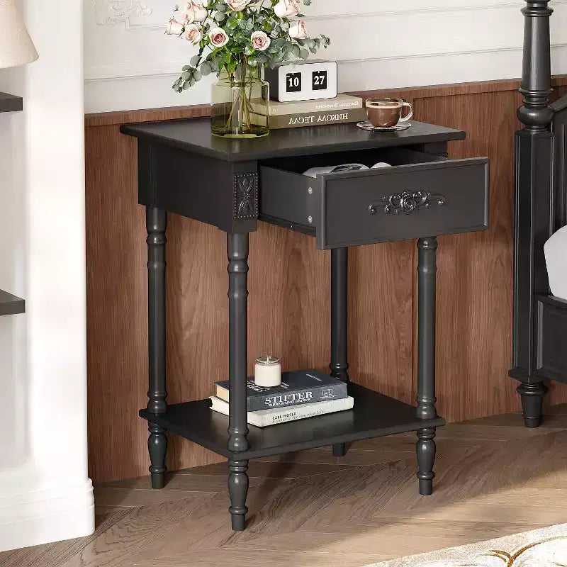 Table de chevet chic blanche/noire avec tiroir et étagère inférieure, table d'appoint : Rangement élégant pour chambre à coucher, table de chevet avec tiroir
