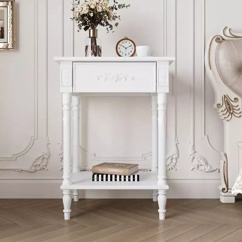 Table de chevet chic blanche/noire avec tiroir et étagère inférieure, table d'appoint : Rangement élégant pour chambre à coucher, table de chevet avec tiroir