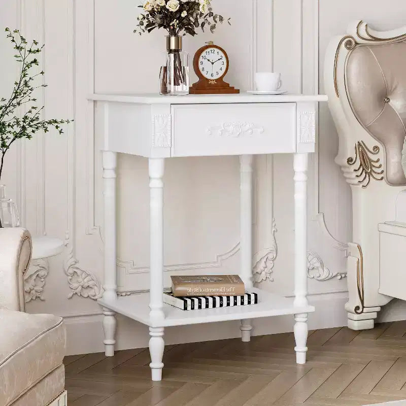 Table de chevet chic blanche/noire avec tiroir et étagère inférieure, table d'appoint : Rangement élégant pour chambre à coucher, table de chevet avec tiroir
