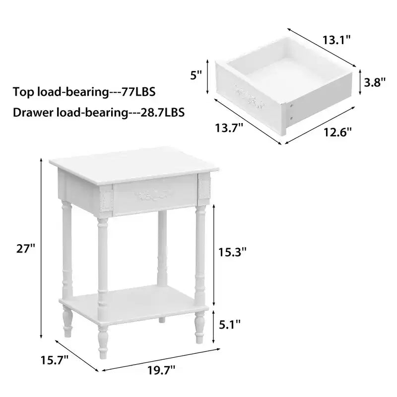 Table de chevet chic blanche/noire avec tiroir et étagère inférieure, table d'appoint : Rangement élégant pour chambre à coucher, table de chevet avec tiroir