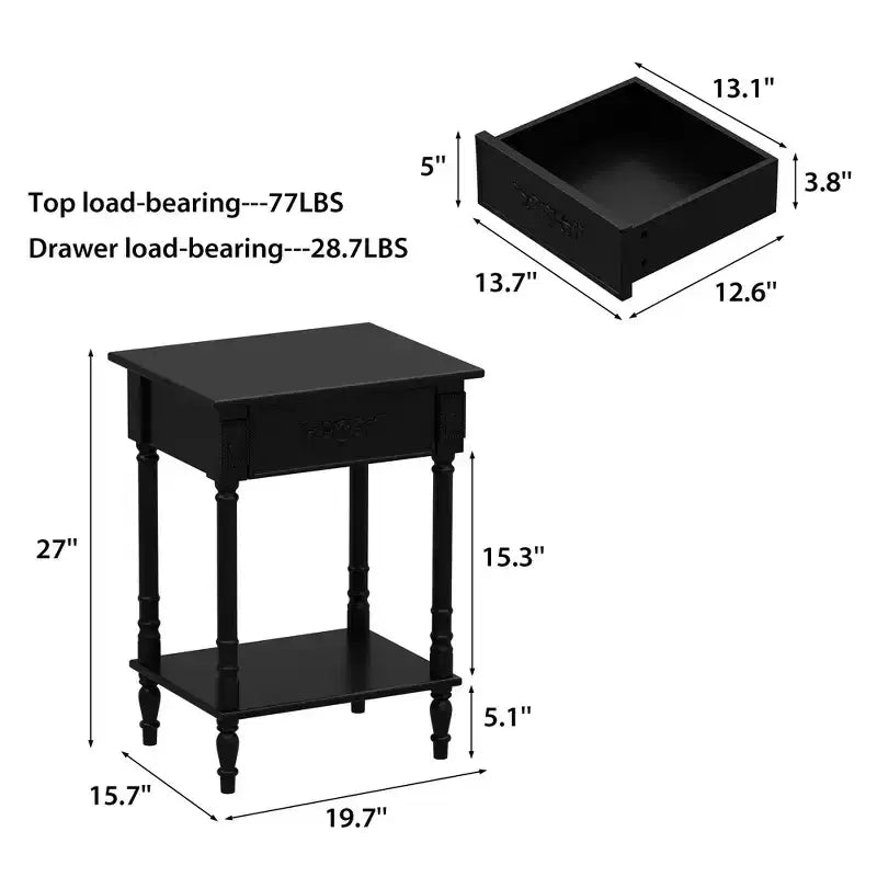 Table de chevet chic blanche/noire avec tiroir et étagère inférieure, table d'appoint : Rangement élégant pour chambre à coucher, table de chevet avec tiroir
