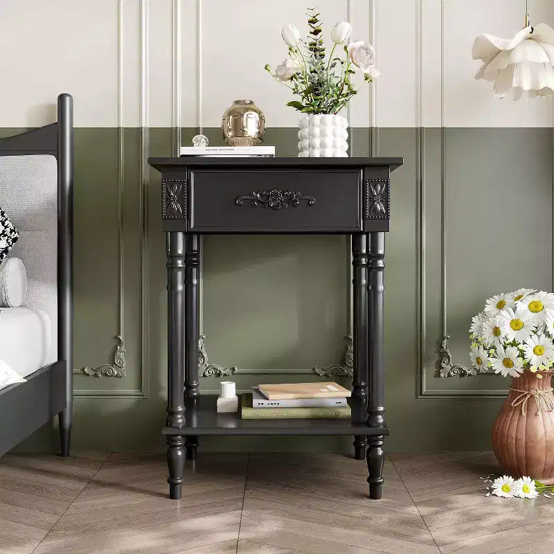 Table de chevet chic blanche/noire avec tiroir et étagère inférieure, table d'appoint : Rangement élégant pour chambre à coucher, table de chevet avec tiroir