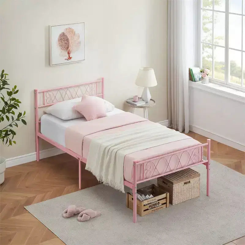 Cadre de lit plateforme en métal avec tête et pied de lit, rangement sous le lit, matelas sans ressort requis, facile à assembler et silencieux