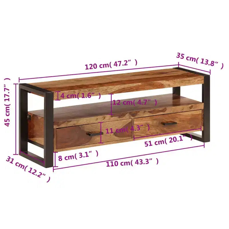 Meuble TV en bois de Sesham massif – Marron style vintage 120 x 35 x 45 cm, avec deux tiroirs et une étagère, cadre en acier durable