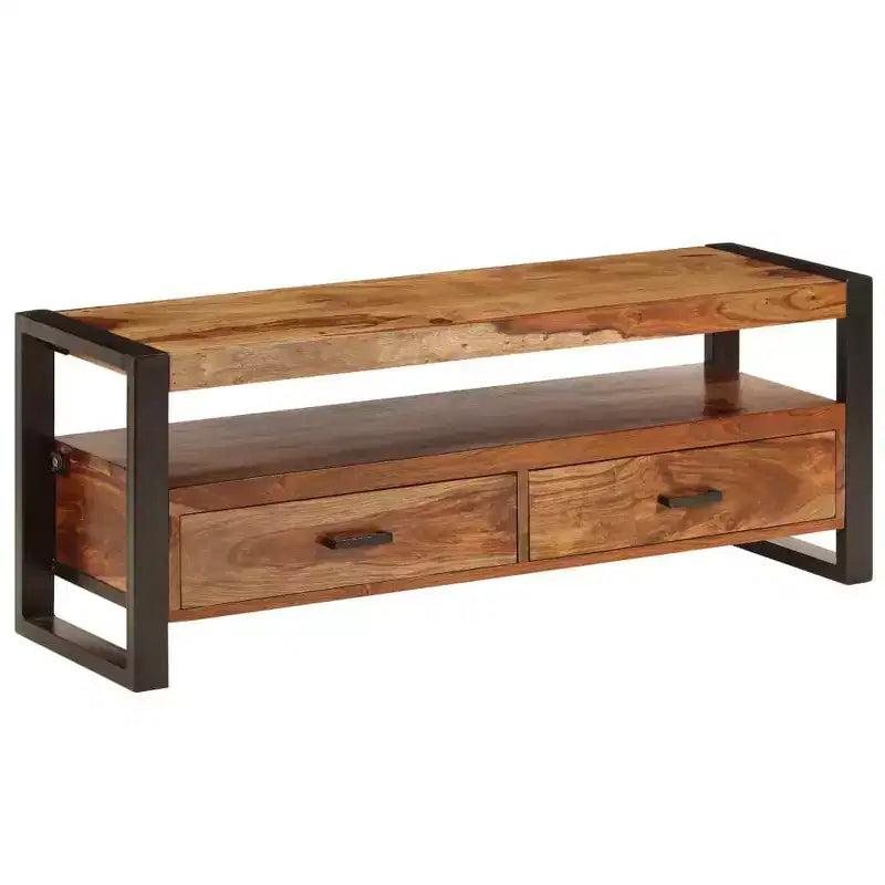 Meuble TV en bois de Sesham massif – Marron style vintage 120 x 35 x 45 cm, avec deux tiroirs et une étagère, cadre en acier durable