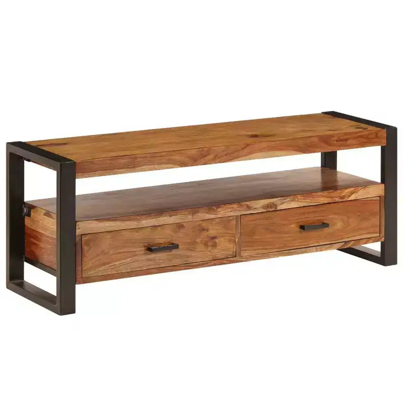 Meuble TV en bois de Sesham massif – Marron style vintage 120 x 35 x 45 cm, avec deux tiroirs et une étagère, cadre en acier durable