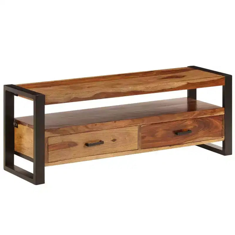 Meuble TV en bois de Sesham massif – Marron style vintage 120 x 35 x 45 cm, avec deux tiroirs et une étagère, cadre en acier durable