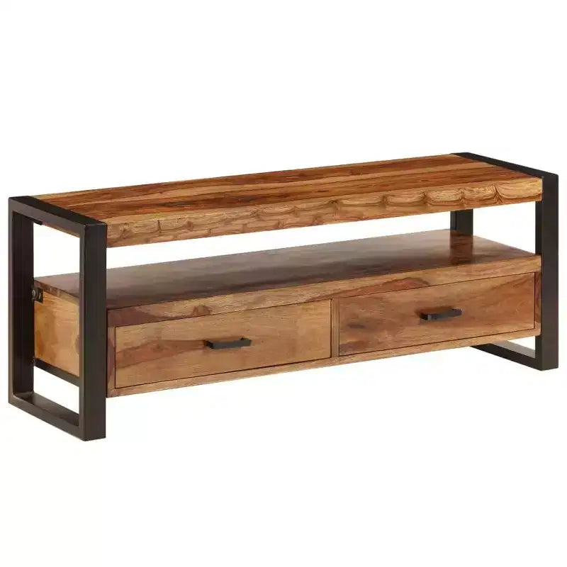 Meuble TV en bois de Sesham massif – Marron style vintage 120 x 35 x 45 cm, avec deux tiroirs et une étagère, cadre en acier durable
