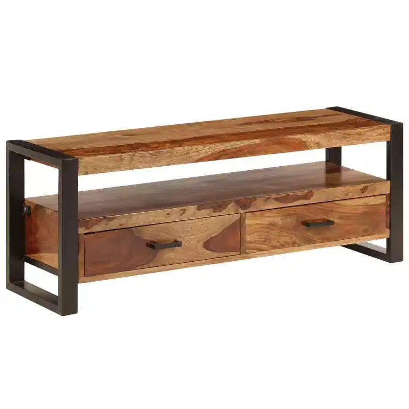 Meuble TV en bois de Sesham massif – Marron style vintage 120 x 35 x 45 cm, avec deux tiroirs et une étagère, cadre en acier durable