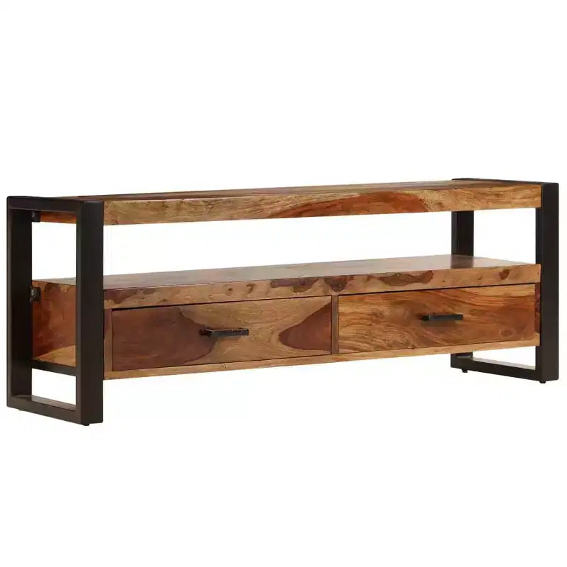 Meuble TV en bois de Sesham massif – Marron style vintage 120 x 35 x 45 cm, avec deux tiroirs et une étagère, cadre en acier durable