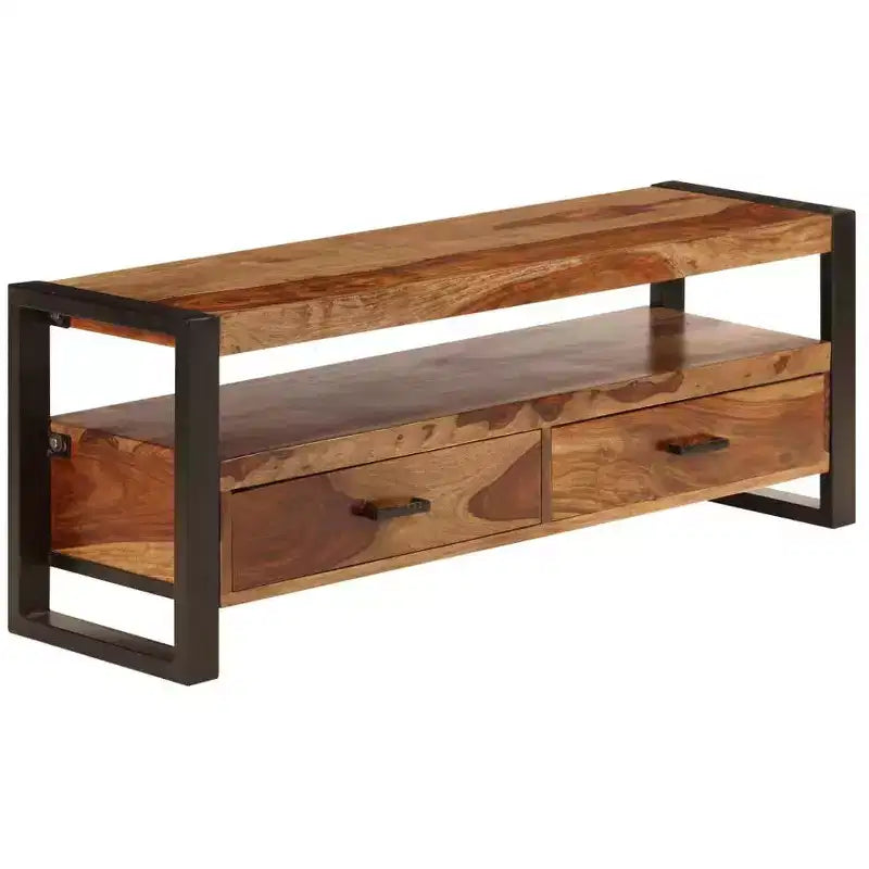 Meuble TV en bois de Sesham massif – Marron style vintage 120 x 35 x 45 cm, avec deux tiroirs et une étagère, cadre en acier durable