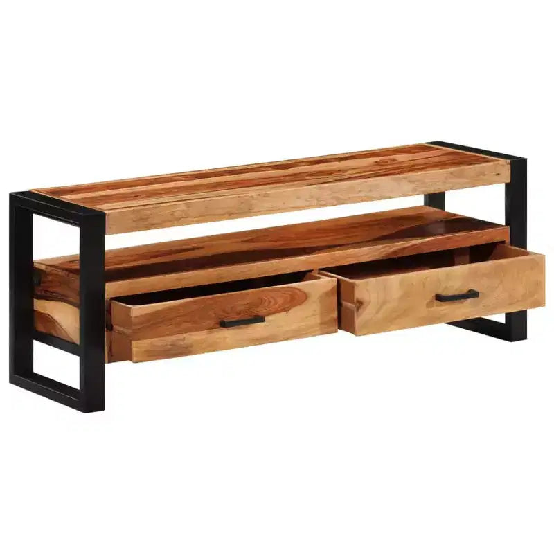 Meuble TV en bois de Sesham massif – Marron style vintage 120 x 35 x 45 cm, avec deux tiroirs et une étagère, cadre en acier durable