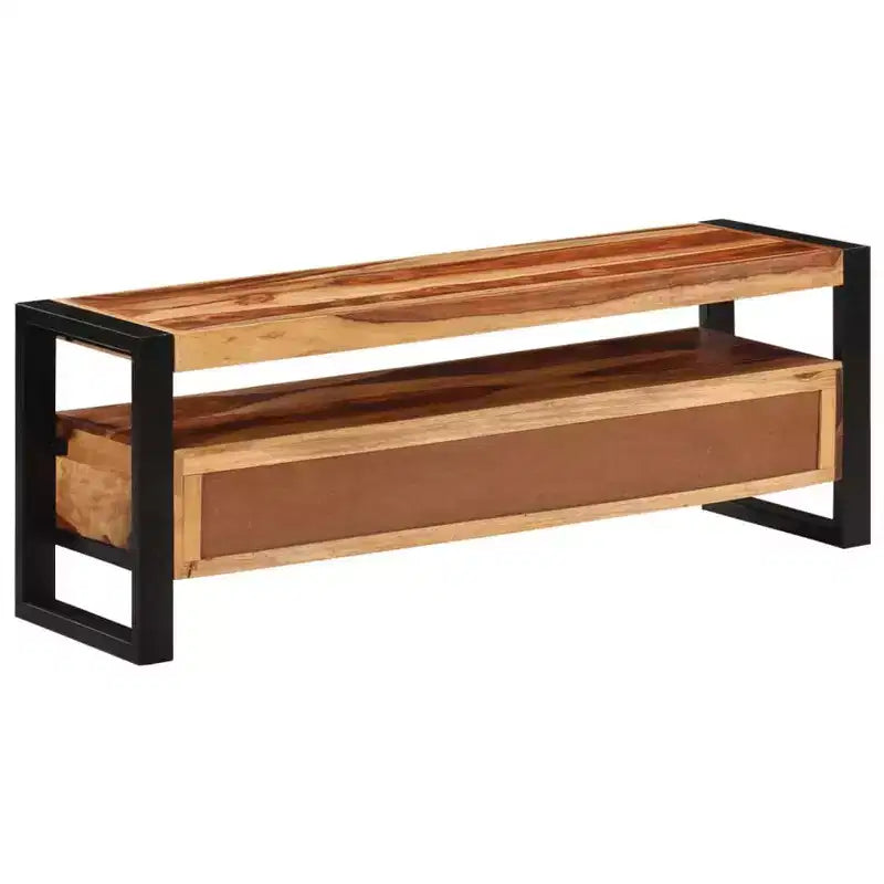 Meuble TV en bois de Sesham massif – Marron style vintage 120 x 35 x 45 cm, avec deux tiroirs et une étagère, cadre en acier durable
