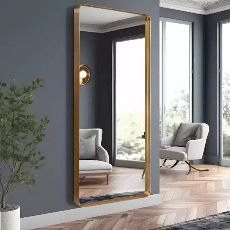 Miroir pleine longueur de 71 pouces, cadre en alliage d'aluminium rectangulaire arrondi, miroir de dressing à poser ou à suspendre, doré
