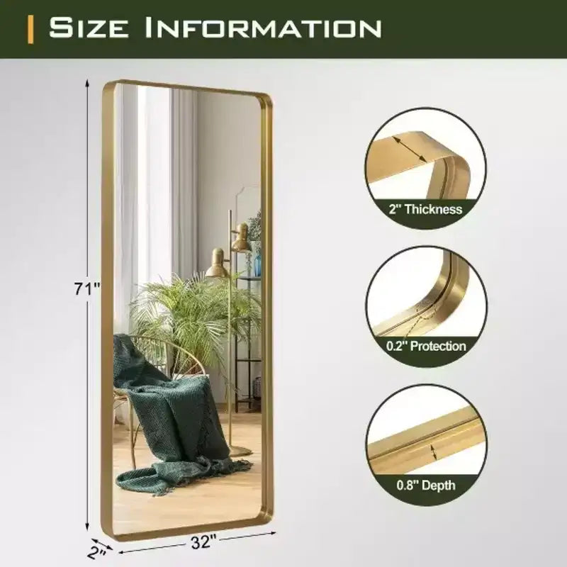 Miroir pleine longueur de 71 pouces, cadre en alliage d'aluminium rectangulaire arrondi, miroir de dressing à poser ou à suspendre, doré