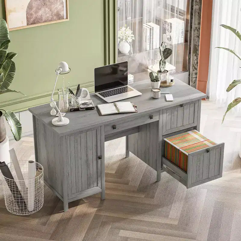 Bureau d'ordinateur exécutif vintage, poste de travail de bureau à domicile, table d'étudiant avec armoire et 3 tiroirs pour dossiers suspendus