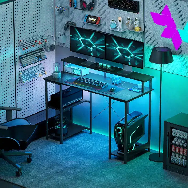 Bureau d'ordinateur avec rangement, table d'ordinateur réversible avec prises de courant et lumières LED