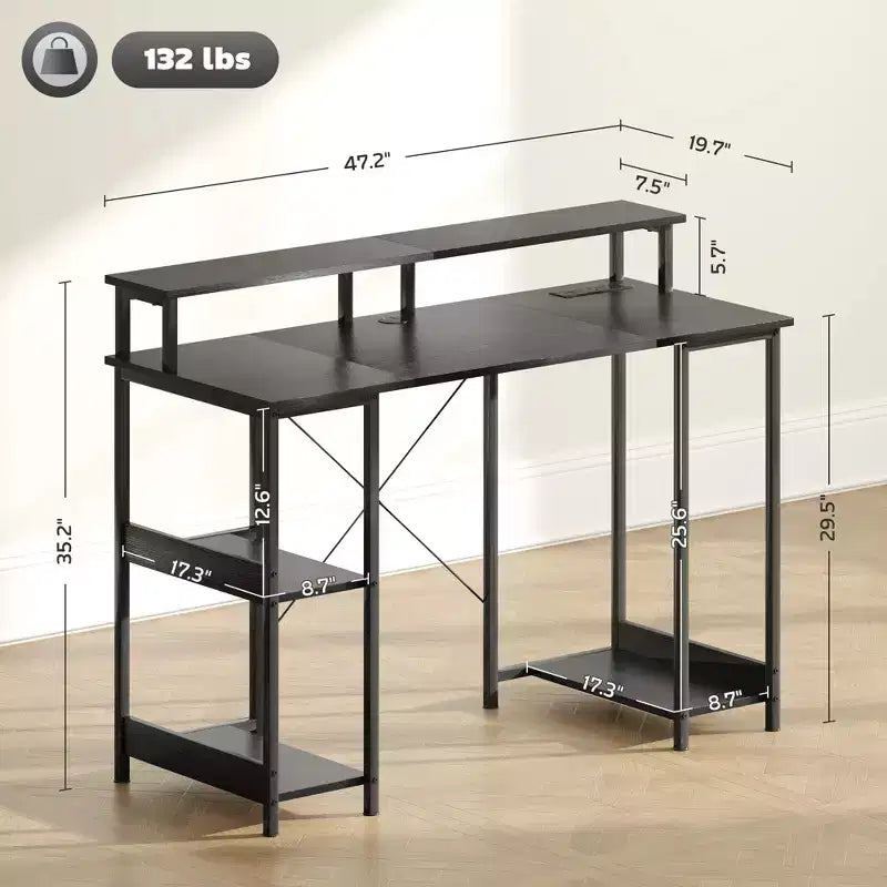 Bureau d'ordinateur avec rangement, table d'ordinateur réversible avec prises de courant et lumières LED