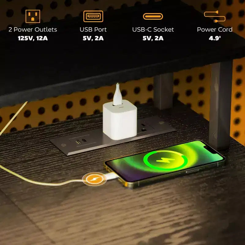 Bureau d'ordinateur avec rangement, table d'ordinateur réversible avec prises de courant et lumières LED