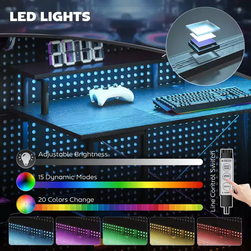 Bureau d'ordinateur avec rangement, table d'ordinateur réversible avec prises de courant et lumières LED