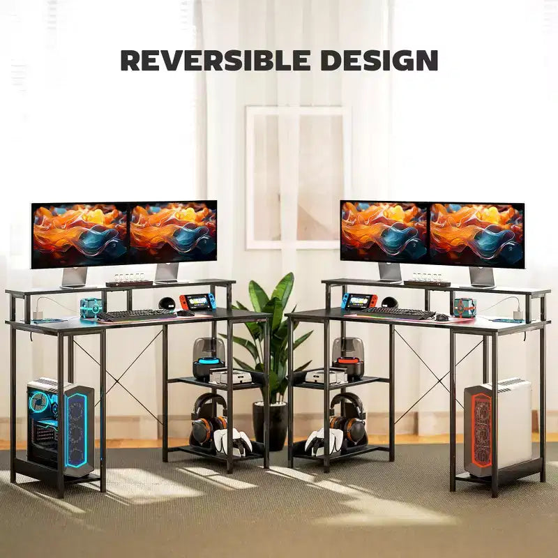 Bureau d'ordinateur avec rangement, table d'ordinateur réversible avec prises de courant et lumières LED