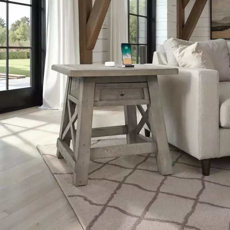 Table d'appoint avec chargeur USB en pin recyclé - Bois flotté