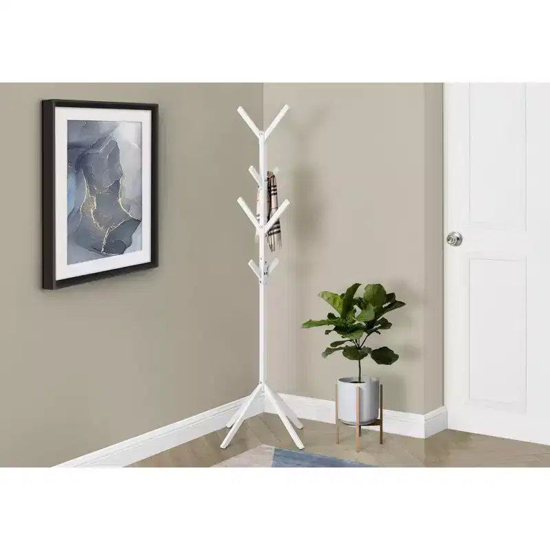 Porte-manteau sur pied à 8 crochets, Meuble d'entrée contemporain avec cadre métallique, Rangement d'entrée pour salon, chambre, Blanc