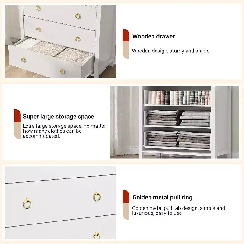 Commode avec poignées rondes, 3 tiroirs plats blancs, ferrures exquises, petite armoire de rangement à côté du lit dans la chambre.