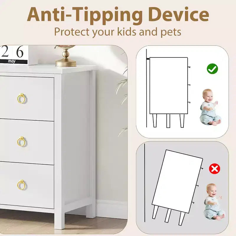 Commode avec poignées rondes, 3 tiroirs plats blancs, ferrures exquises, petite armoire de rangement à côté du lit dans la chambre.