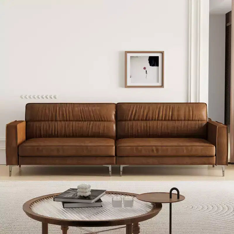 Canapé contemporain en cuir brun huilé de luxe de 220 cm - Canapé vintage haut de gamme avec cadre robuste et sensation douillette Marron