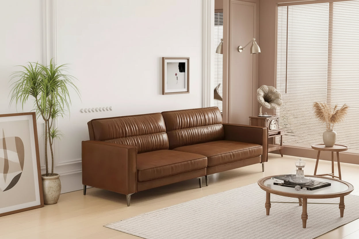 Canapé contemporain en cuir brun huilé de luxe de 220 cm - Canapé vintage haut de gamme avec cadre robuste et sensation douillette Marron