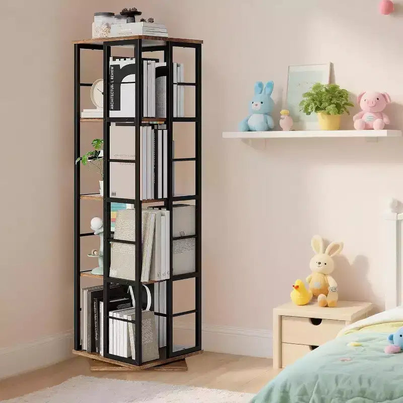 Bibliothèque rotative à 4 niveaux, étagère pivotante à 360° avec barres de sécurité, design peu encombrant pour salon, chambre, bureau, unité de rangement autoportante