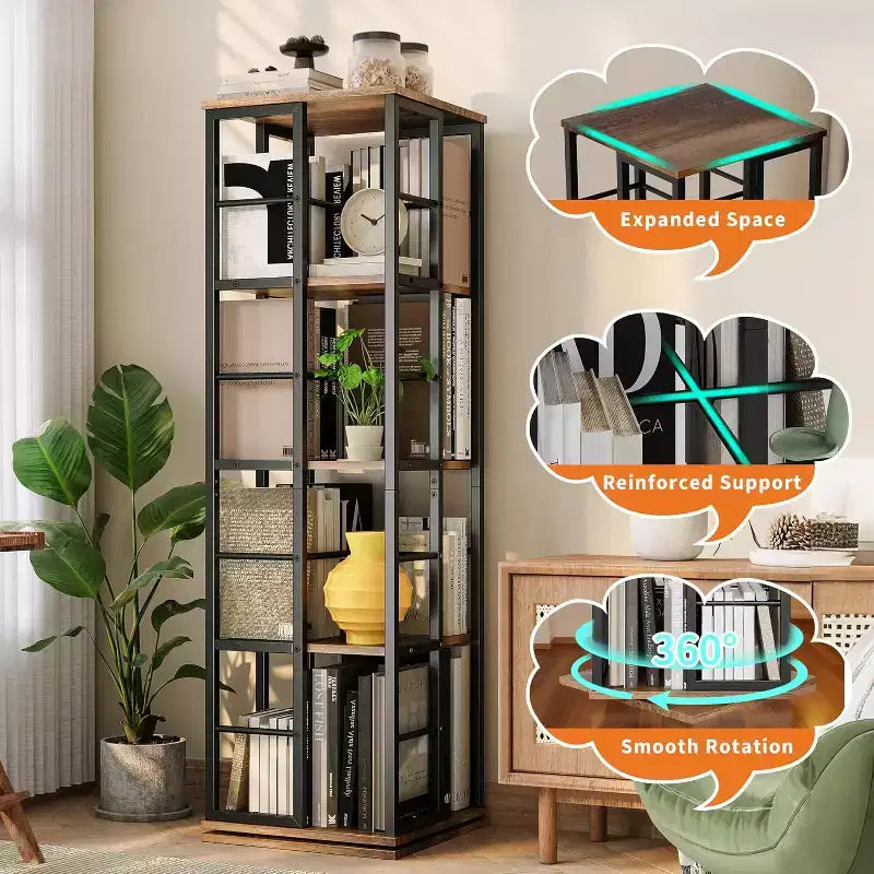 Bibliothèque rotative à 4 niveaux, étagère pivotante à 360° avec barres de sécurité, design peu encombrant pour salon, chambre, bureau, unité de rangement autoportante