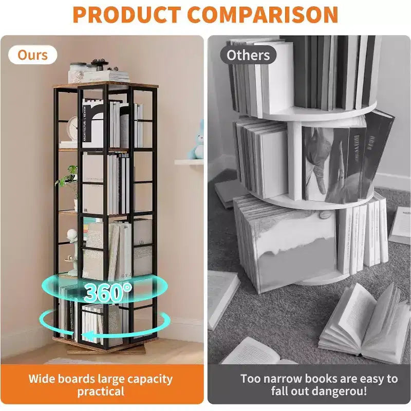 Bibliothèque rotative à 4 niveaux, étagère pivotante à 360° avec barres de sécurité, design peu encombrant pour salon, chambre, bureau, unité de rangement autoportante